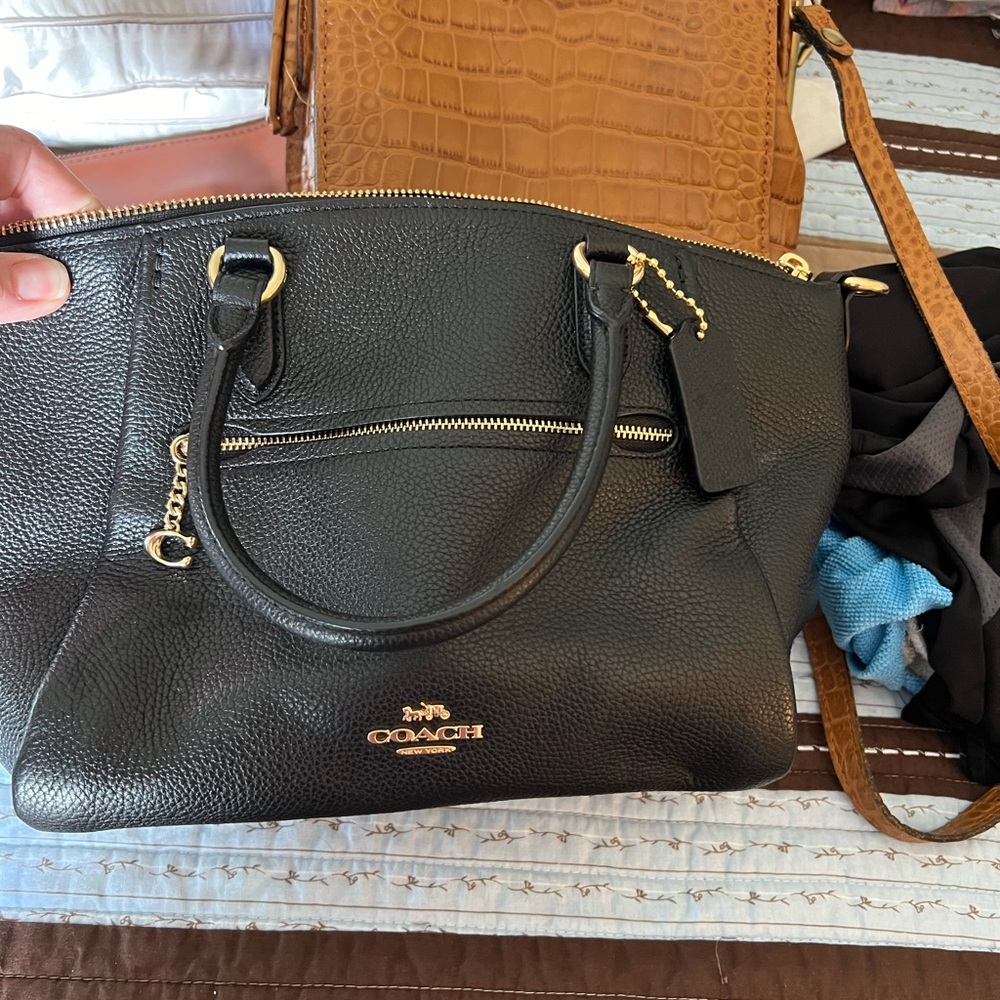 Coach Black Leather Shoulder Bag with Gold Accents